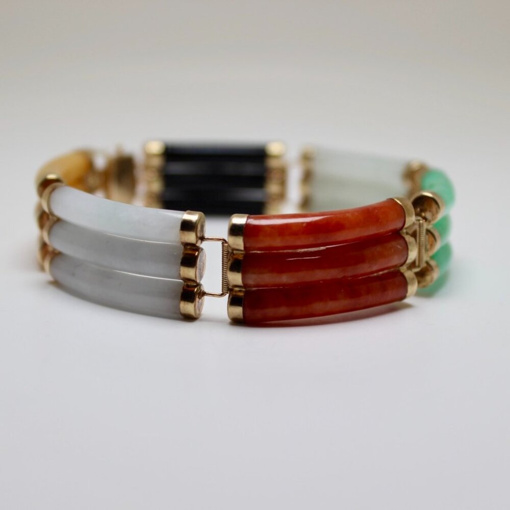 VINTAGE MULTI COLOR SECTIONAL JADE 14K YELLOW GOLD TRIPLE BANGLE BRACELET 7.5"
